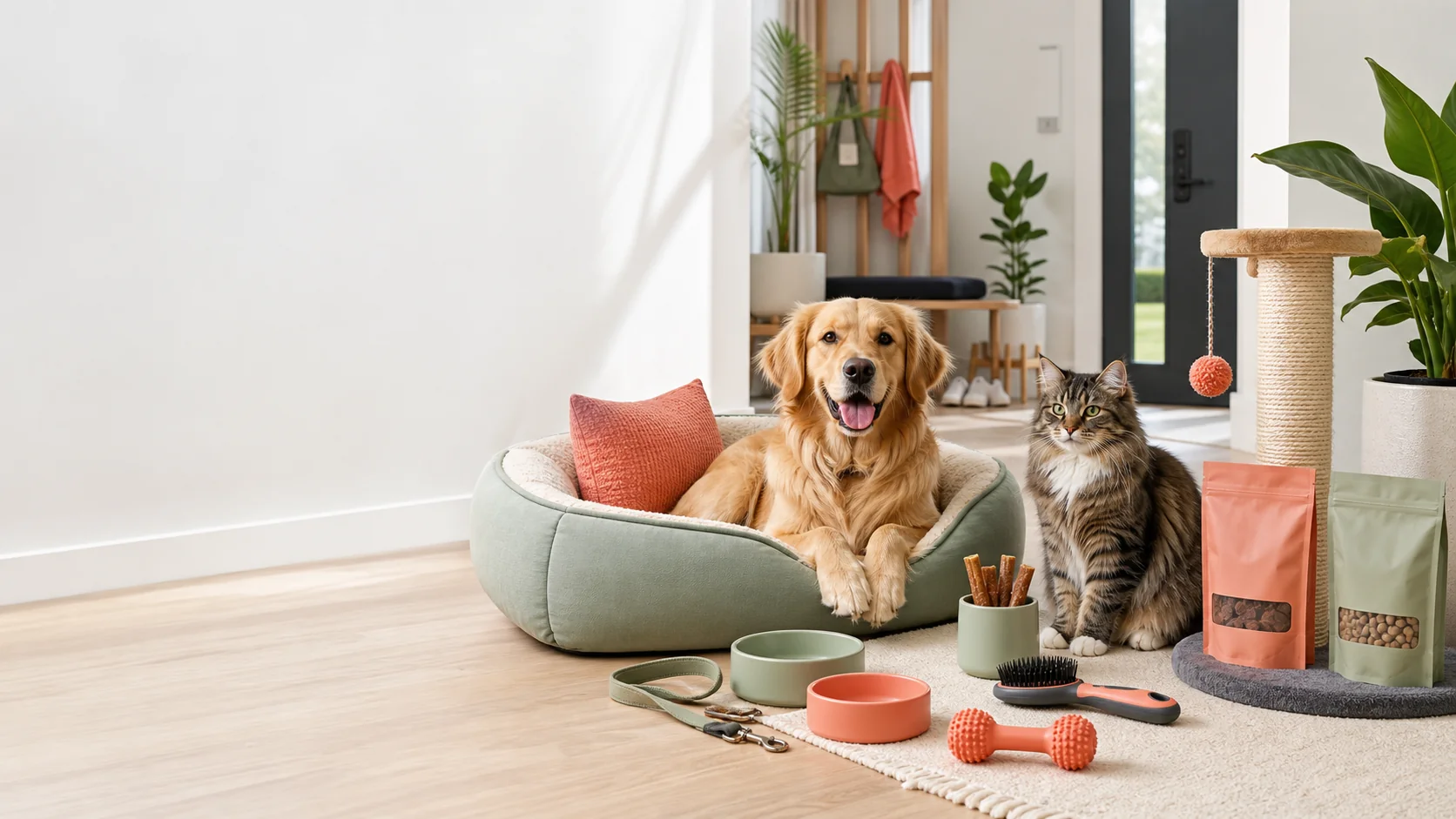 A dog and a cat at home beside a pet bed, food pouches and grooming tools